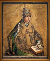 Retrato do Papa Santo Gregoire (conhecido como o Grande, Pontificado 540-604). Pintura de Pedro Berruguete (cerca de 1450), óleo e folha de ouro sobre madeira, cerca de 1495. Museu Nacional de Arte da Catalunha, Barcelona (Espanha).