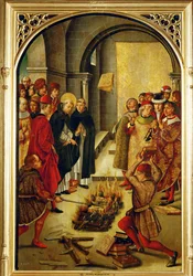 São Domingos preside à queima dos livros heréticos dos albigenses (pintura sobre madeira)
