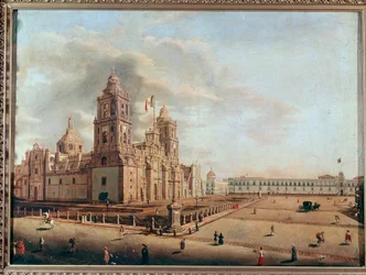 Vista da Catedral Metropolitana e do Palácio Nacional, Cidade do México, México. Pintura de Pedro Gualdi (1809-1857), Cidade do México, Museu Nacional de História, Castelo de Chapultepec