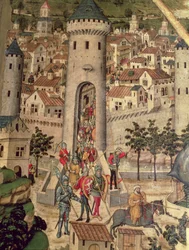 Retábulo de São Jordi, detalhe mostrando a conquista da cidade de Maiorca pelo exército de James I