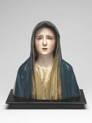 Virgem das Dores Mater Dolorosa (madeira policromada, vidro e pêlos de animais)