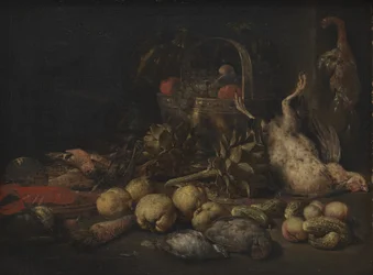 Natureza morta com frutas e pássaros