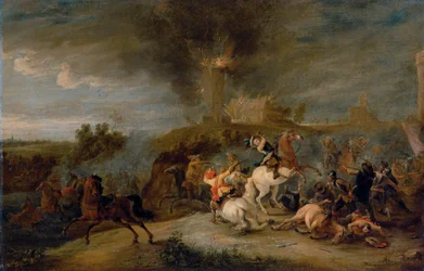 Uma escaramuça de cavalaria com soldados pilhando uma vila