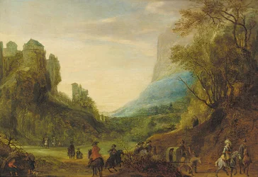 Paisagem alpina com viajantes em um vale