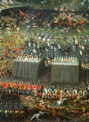 Derrota e fuga dos exércitos húngaro e boêmio derrotados pelo exército imperial, Detalhe da Batalha da Montanha Branca perto de Praga em 7-8 de novembro de 1620, por Pieter Snayers, pintura em Santa Maria della Vittoria, Roma. Guerra dos Trinta Anos, Repúb