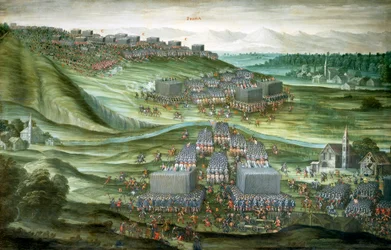 Implantação de tropas na White Mountain na primeira fase da Batalha da White Mountain em 7-8 de Novembro de 1620, pintura de Pieter Snayers (1592-1667) preservada na Igreja de Santa Maria della Vittoria, Roma