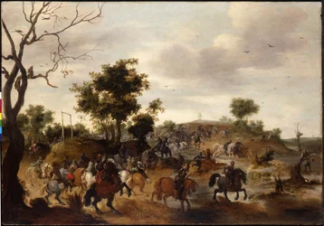 Paisagem com uma batalha de cavalaria, forca e um moinho de vento além