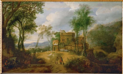 Paisagem de montanha com castelo (pintura sobre madeira de carvalho)