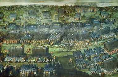 A Batalha da Montanha Branca perto de Praga em 7-8 de novembro de 1620, conservada em Santa Maria della Vittoria, Roma. Pormenor. Guerra dos Trinta Anos, República Checa