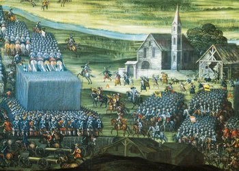 A Batalha da Montanha Branca perto de Praga em 7-8 de novembro de 1620, pintura de Pieter Snayers (1592-1667), conservada em Santa Maria della Vittoria, Roma. Pormenor. Guerra dos Trinta Anos, República Checa
