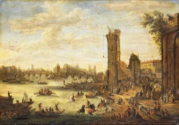 Uma vista de Paris olhando para a Ile de la Cité e para a Pont Neuf, 1671-77