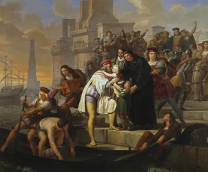 Cristóvão Colombo abraçando seus dois filhos e recomendando-os ao Padre Giovanni Perez antes de deixar Palos para a viagem de descoberta da América