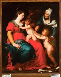 A sagrada família com a borboleta e com Santa Isabel e São João Batista Pintura de Pellegro Piola (1617-1640)