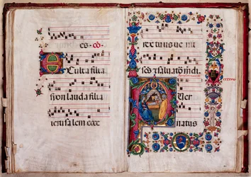 Biblioteca Piccolomini: livro coral, código. 102.8, ff. 47v-48r com "Natividade", de Pellegrino di Mariano.