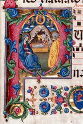 Biblioteca Piccolomini: livro coral, cód. 102,8, ss. 48r com “Natividade”, de Pellegrino di Mariano. Detalhe.