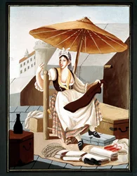 Pequeno ofício napolitano: vendedor ambulante de tecidos e roupa branca - (Ofício antigo: vendedor de tecidos e roupa branca), século XIX, Museo Nazionale di San Martino, Nápoles