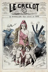 Um número de «O Sino», representando uma alegoria do hino nacional «A Marselhesa» que avança enquanto os nobres tapam os ouvidos ao fugir. Ilustração de Pepin. 10/02/1878. Coleção particular
