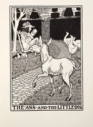 O burro e o cão pequeno, de fábulas de Fontaine, bar. 1905
