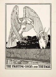 Os galos de combate e a águia, de cem fábulas de Esopo, pub.1903