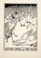 Os gansos e os guindastes, de cem fábulas de Esopo, pub.1903