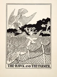 The Hawk and the Farmer,de A Hundred Fables of Aesop, pub.1903 (gravura)