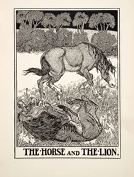 O cavalo e o leão, de cem fábulas de Esopo, pub.1903
