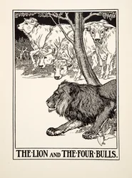 The Lion and the Four Bulls, de A Hundred Fables of Aesop, pub.1903 (gravura)