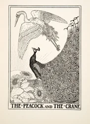 O pavão e o guindaste, de cem fábulas de Esopo, pub.1903