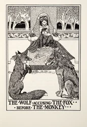 O lobo acusando a raposa antes do macaco, de Fontaine Fables, pub. 1905