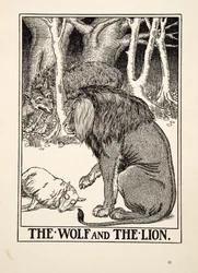 The Wolf and the Lion, de A Hundred Fables of Aesop, pub.1903 (gravura)