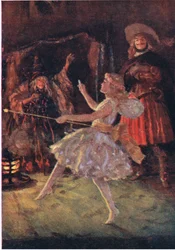 Na parte de trás da caverna apareceu uma pequena figura em branco nublado, de Little Women publicado pela Associated Newspapers Limited, c.1940 (lito a cores)