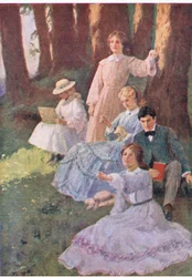 Jo pointed, and Laurie set up to examine, from Little Women published by Associated Newspapers Limited, c.1940 (color litho)