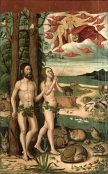 Adão e Eva no Jardim do Éden (óleo no painel)
