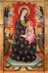 Madonna with Angels Playing Music - Pintura de Pere (Pedro) Serra (activa por volta de 1357-1406), ca 1380 - Tempera no painel - Museu Nacional d
