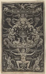 Painel de ornamento com uma sátira alimentando duas crianças