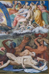 Zeus atacando os Gigantes rebeldes (a queda dos Gigantes) no Salão de Júpiter