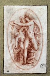 Apollo e Jacinto. Desenho a la sanguine de Pietro Buonaccorsi (1500-1546/47) também conhecido como Pierino del Vaga