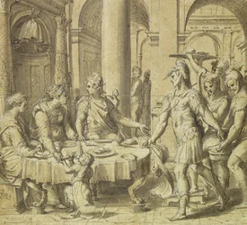 O Banquete de Dido e Aeneas, modelo para uma tapeçaria na série História de Enéias, c.1532 (caneta e tinta sobre papel)