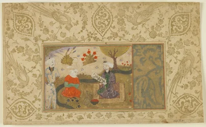 Um casal conversa perto de um riacho, c.1500 (aquarela opaca, tinta e ouro sobre papel)