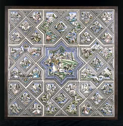 Um painel de cerâmica, representando a caça ao Bahram Gur, e várias outras figuras em uma variedade de cenas, no final do século XIX