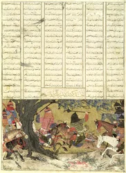 Ardashir Battling Bahman, o Filho de Ardavan, ilustração do Shahnama (Livro dos Reis), de Abul-Qasim Manur Firdawsi (c.934-c.1020) 1325-50 (wc, tinta e ouro sobre papel)