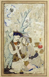 Art Islamismo: Retrato do Shah Abbas I abraçando uma das suas páginas. Desenho persa de 1672. Dim: 0,16 x 0,27m. Paris, Musee Du Louvre