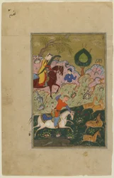 Bahram Gur caça com Azada, de um Khamsa, c.1580