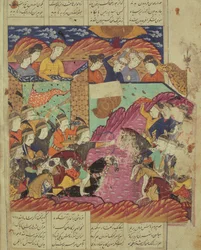 Batalha entre Feradin e Zahaki, ilustração do Shahnama (Livro dos Reis) por Abul-Qasim Manur Firdawsi (c.934-c.1020) 1619