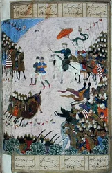 Batalha entre Isfandiyar e Arjasp, ilustração do 