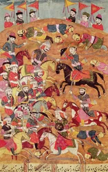 Batalha entre os persas e os turanianos, ilustração do "Shahnama" (Livro dos Reis), de Abu