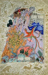CBL Por 277.12 Zal sendo resgatado pelo mítico Simurgh, a partir de uma cópia do Shahnama, final do século 16 (guache e wc no papel)