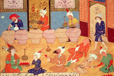 Fol.33v, Detalhe de um banquete com músicos, de um livro de poemas de Hafiz Shirazi (c.1325-c.1388) 1554