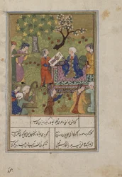 Folio de um Khamsa (Quinteto) por Nizami; Shirin Examina Khusraws Portrait, Irã, c.1500 (aquarela opaca, tinta, cor mica e ouro sobre papel)