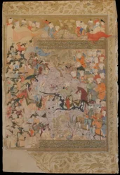 Folio de um Rawzat al-safa (Jardim da felicidade) de Mirkhwand (m. 1498); recto: A Batalha contra os Bizantinos por Aleppo, Shiraz, Irã, período Safávida, 1571-72 (aquarela opaca, tinta e ouro em